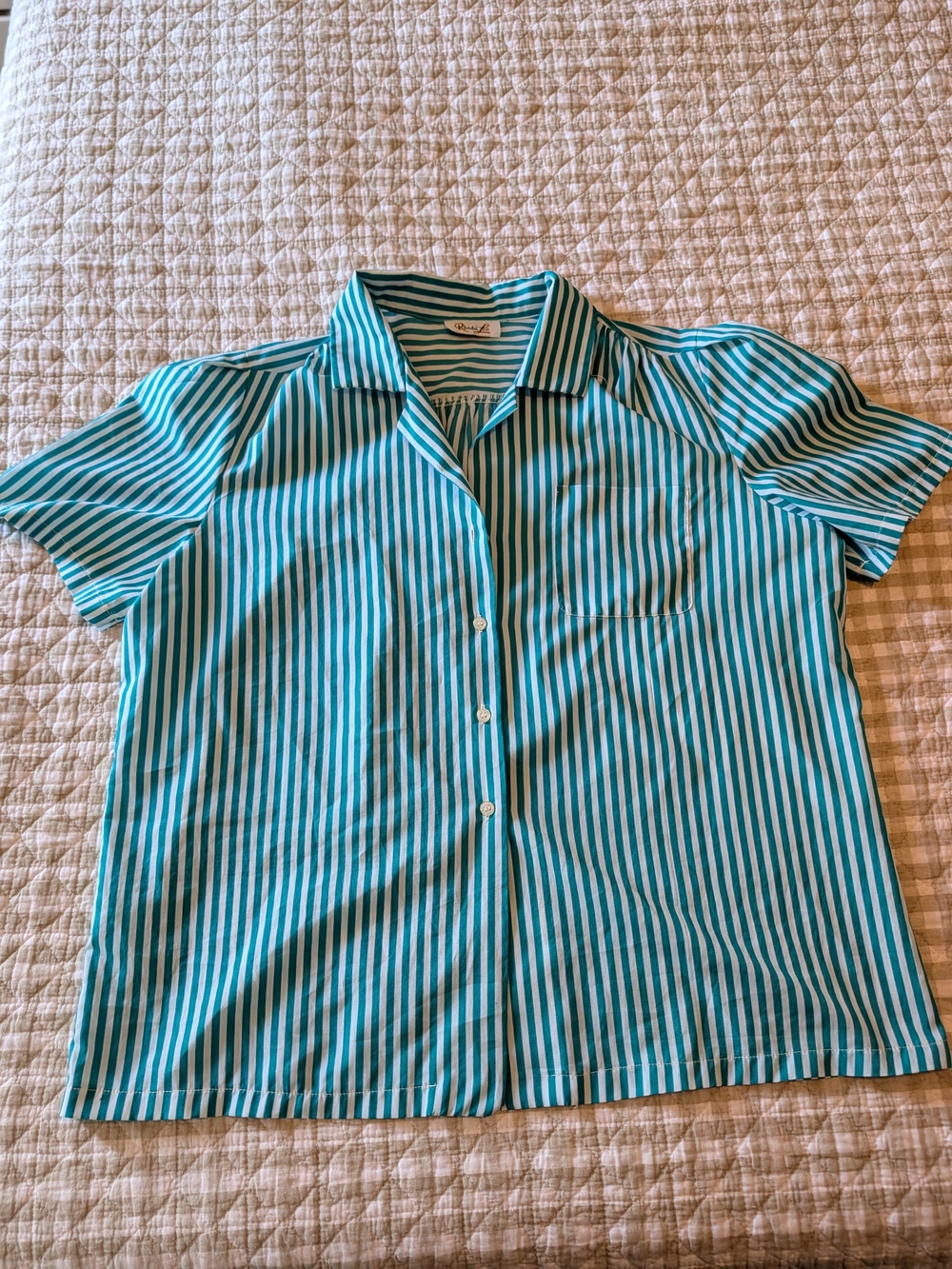 Vintage Rhoda Lee Striped Teal Short-Sleeve Button-Up Top